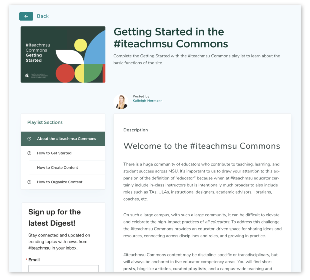 Instructional Article from the iteach commons titled "Getting Started in the iteach MSU Commons. Complete the getting started with iteachmsu commons playlist to learn about the basic functions of the site. Posted by Kaileigh Hermann. Playlist sections "About the iteachmsu Commons, how to get started, how to create content, how to organize content