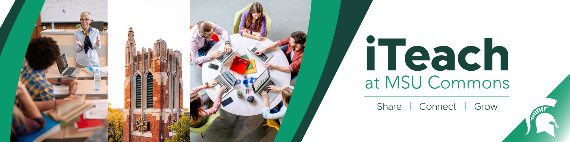 iTeach at MSU Commons "Share, Connect, Grow" Image of students sitting at a table with books open and school supplies