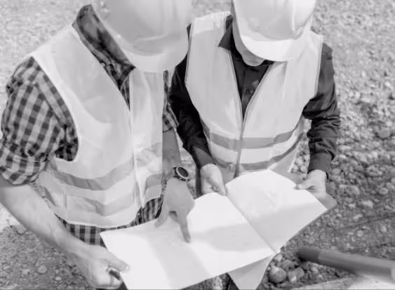 Two construction workers wearing PPE discuss a project. 