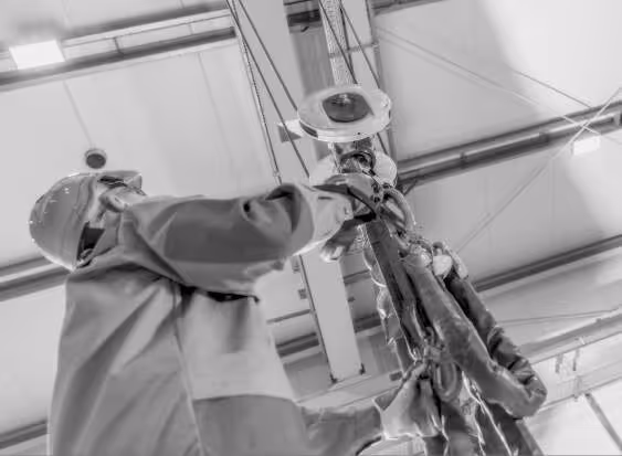 Skilled worker wearing PPE inspects facility's ceiling

