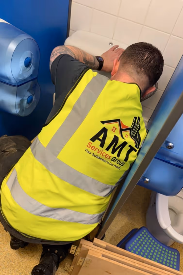 A maintenance professional in a public restroom fixes a clogged toilet daily facility.