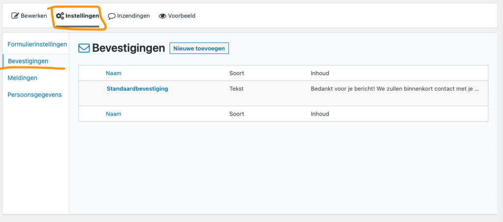 Instellen bevestigingen