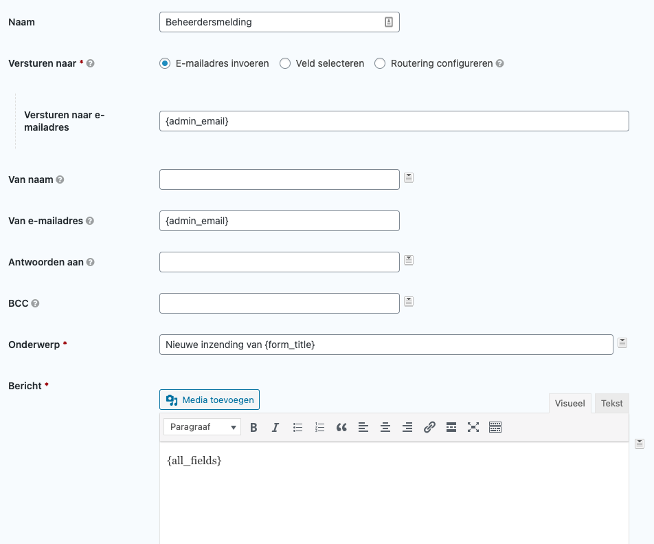 Bericht instellingen