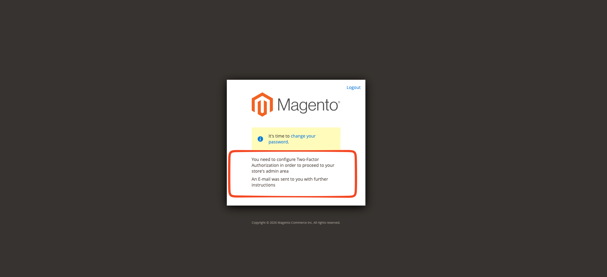 Melding in de Magento admin dat Two-Factor Authentication ingesteld moet worden