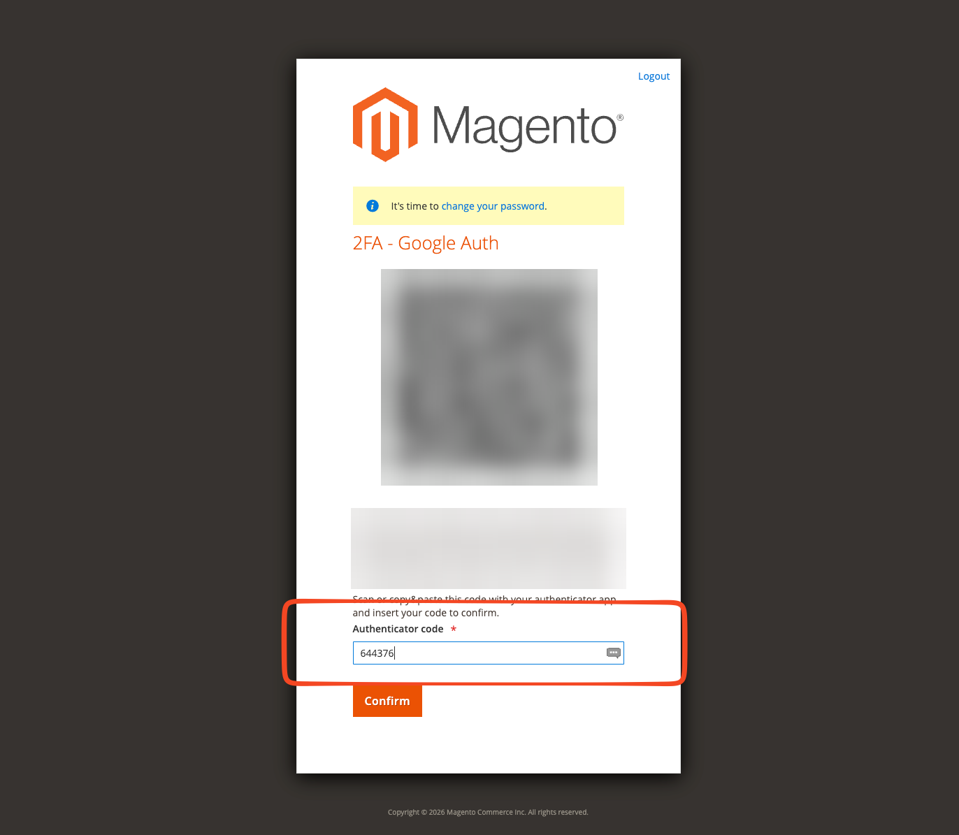 Verificatiecode invullen in het veld Authenticator code in Magento
