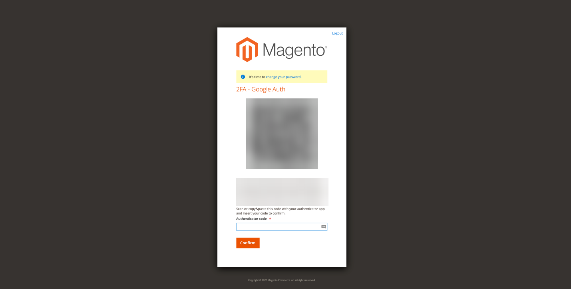 Magento pagina om 2FA in te stellen met QR-code en setup key (onleesbaar gemaakt)