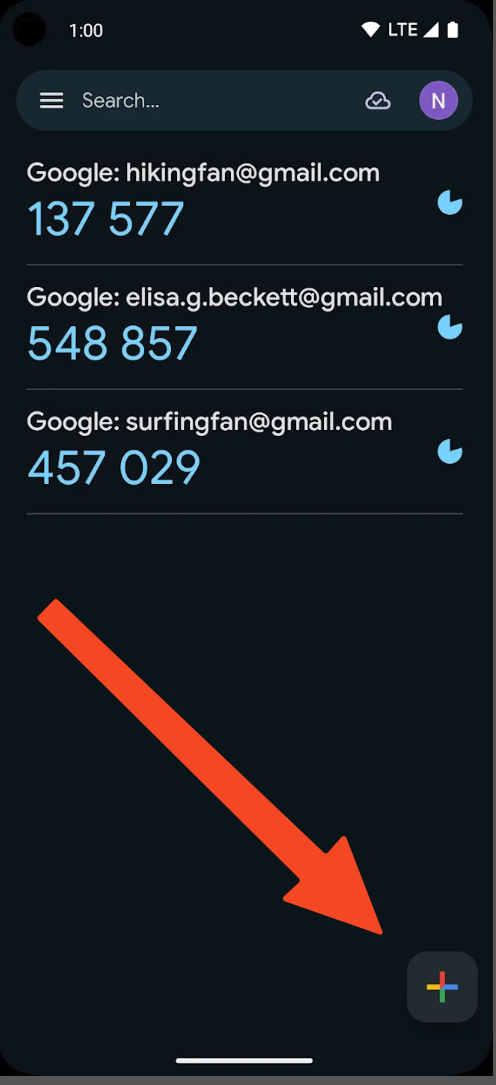 Google Authenticator app met de knop om een nieuwe code toe te voegen
