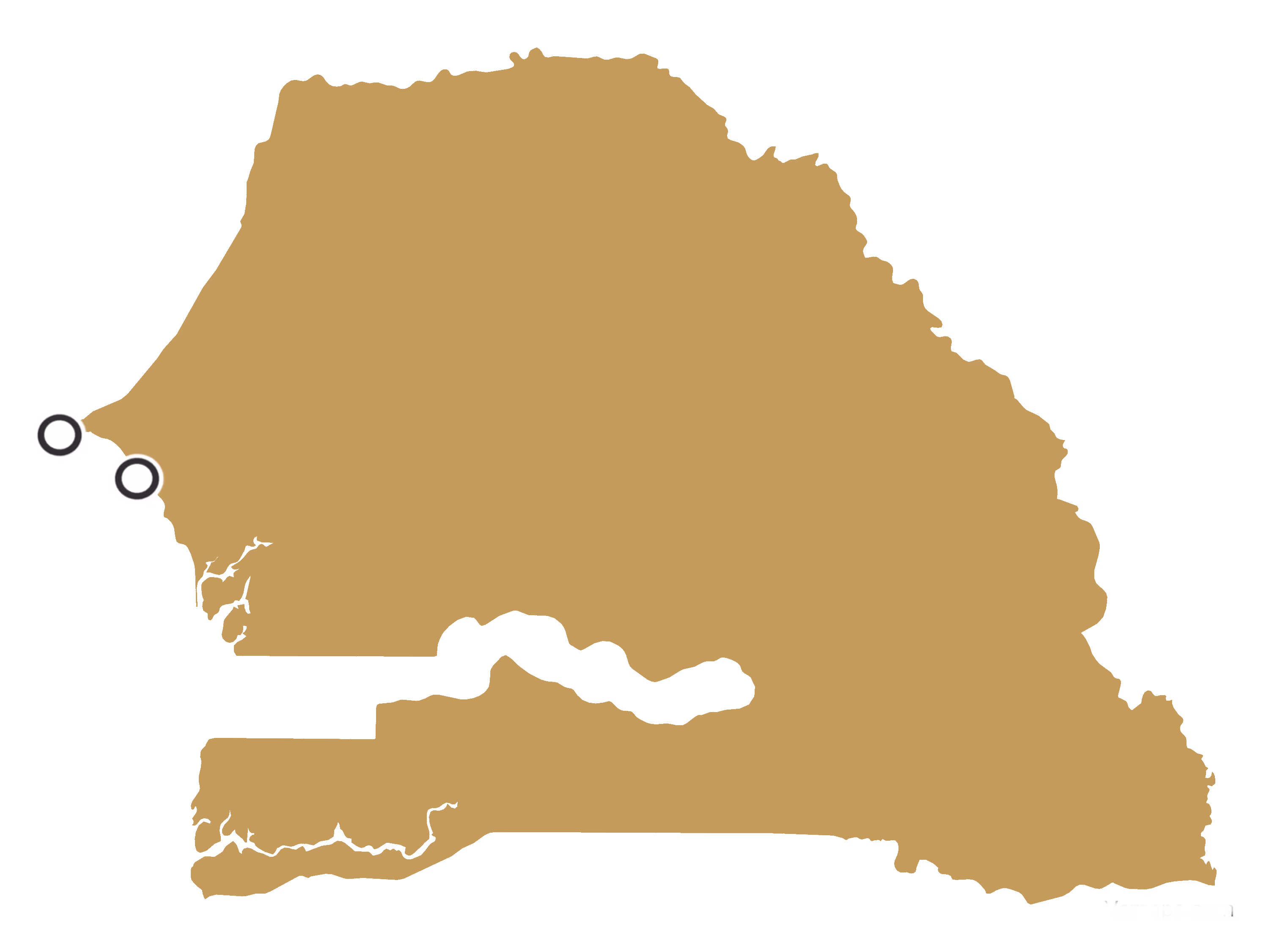 Carte du Sénégal indiquant l'emplacement des résidences à Saly et Dakar.
