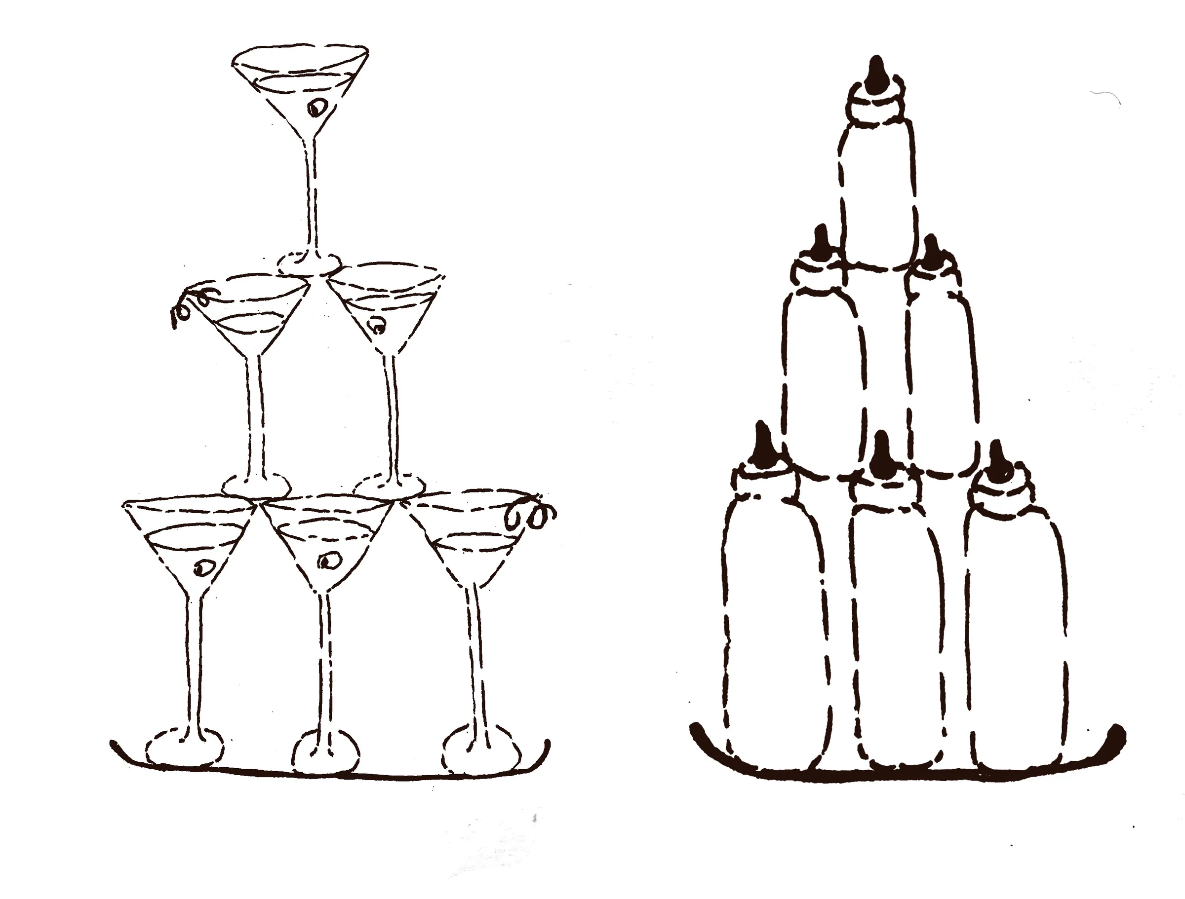 A tower of martini glasses beside a tower of baby bottles
