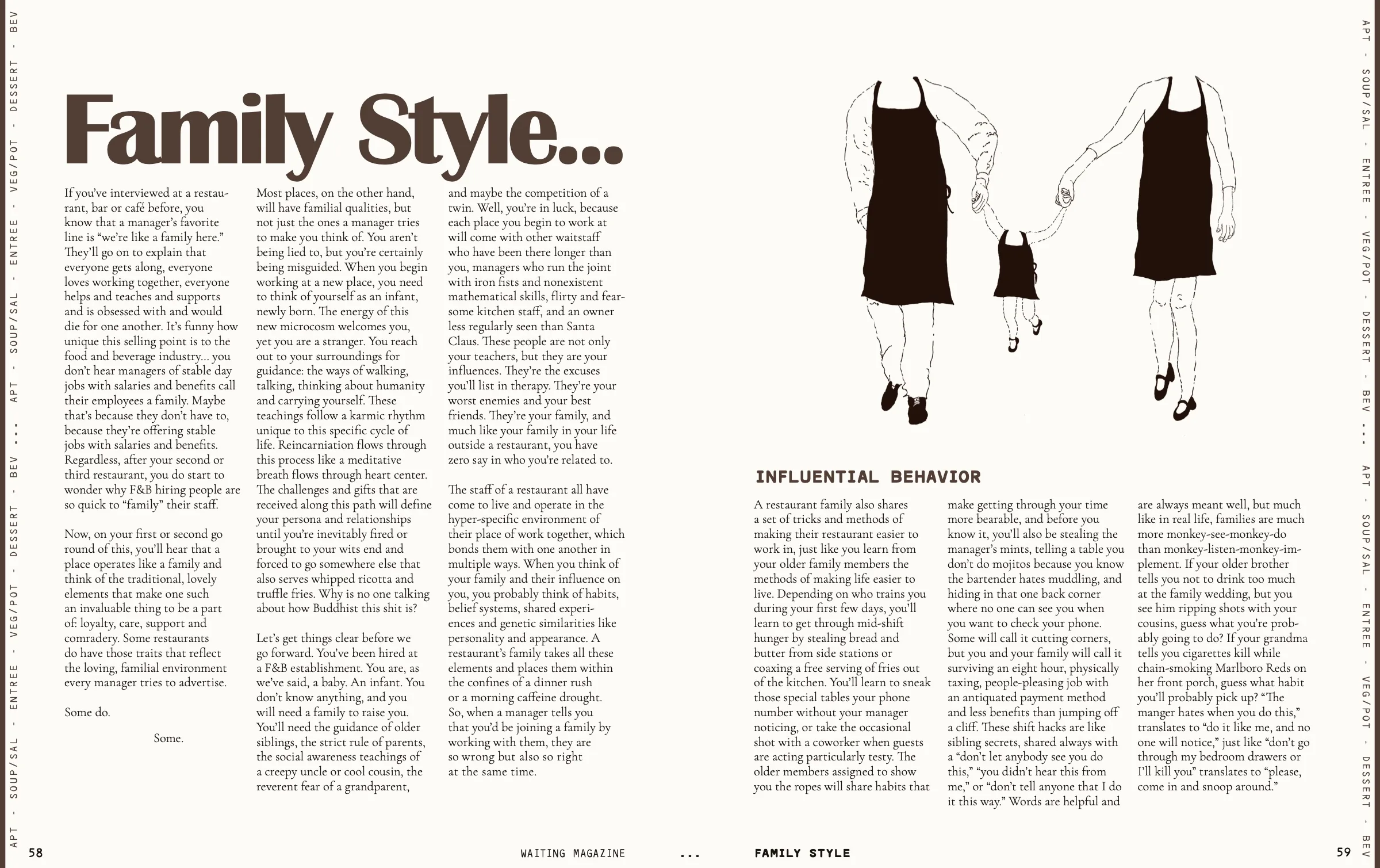 Opening spread of Family Style with illustrated waiters
