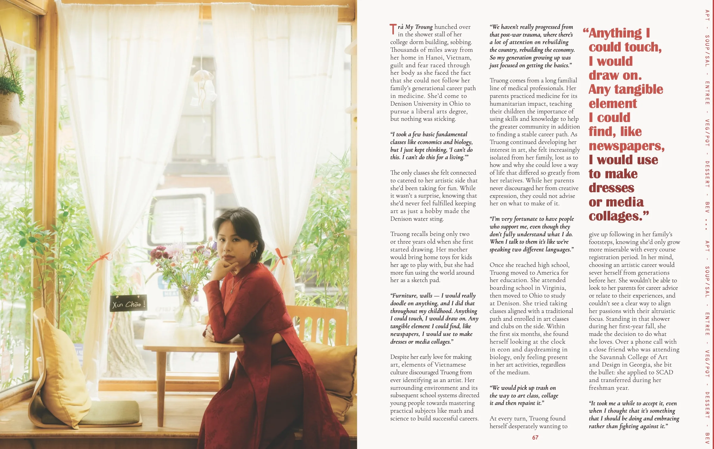 Trà My Truong spread with a red hero quote