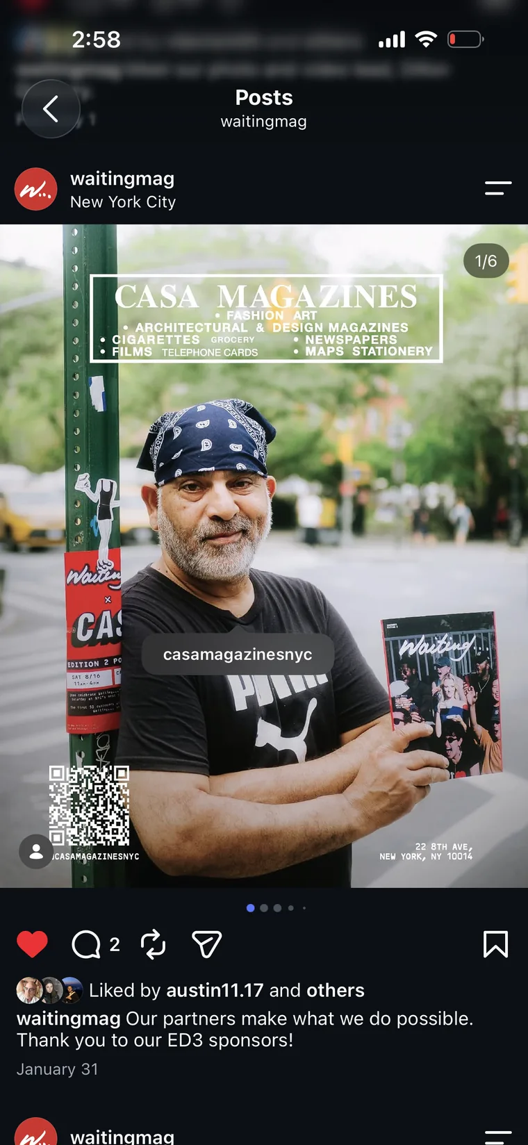 Instagram post thanking Casa Magazines, an Edition 3 sponsor