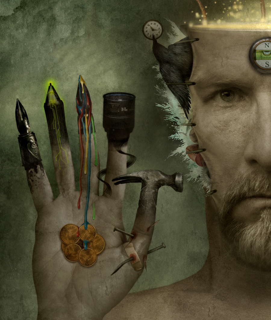 Surreal portrait of Matt Mahurin with art tools as fingers and other elements incorporated