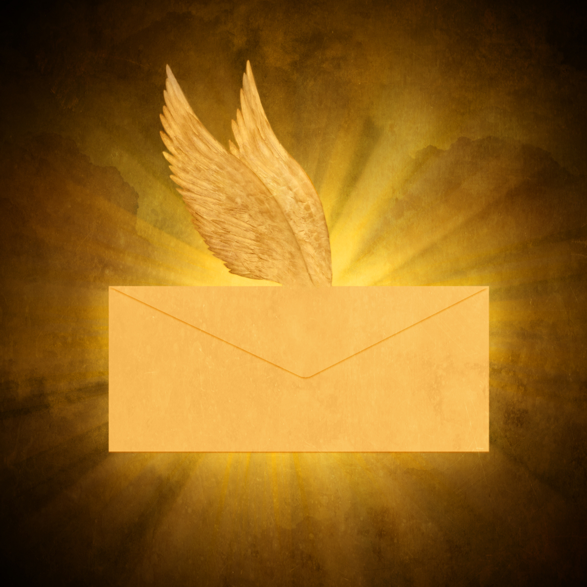 Envelope with a pair of wings emerging, glowing with golden light around it.