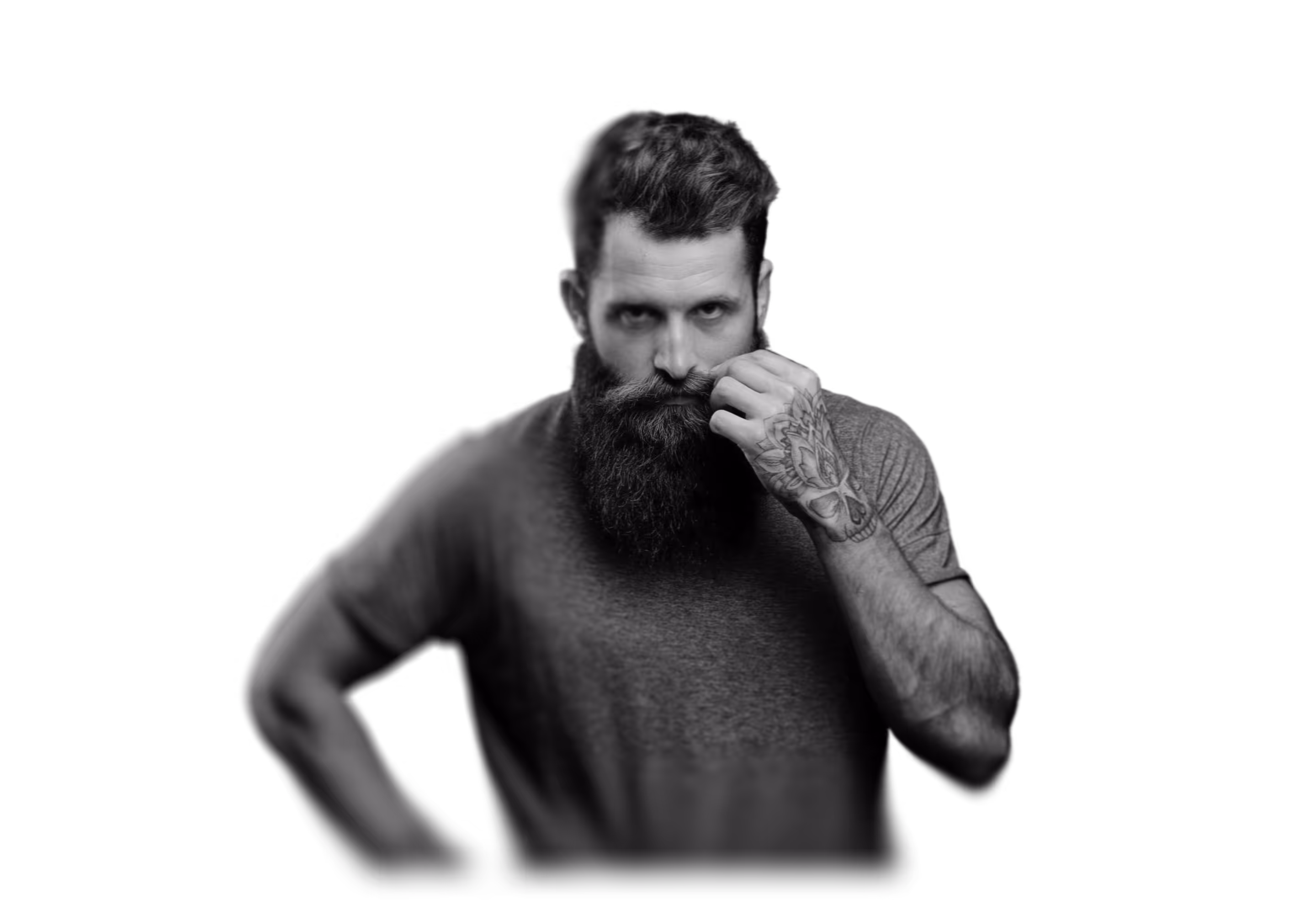 Black and white image of a man curling his moustache