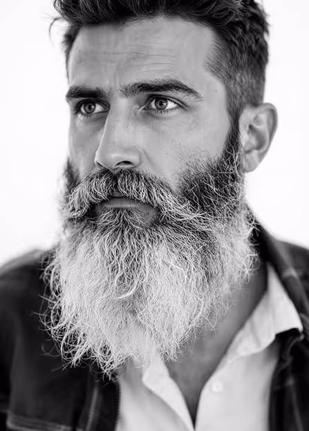 Black and white image of a contemplative bearded man
