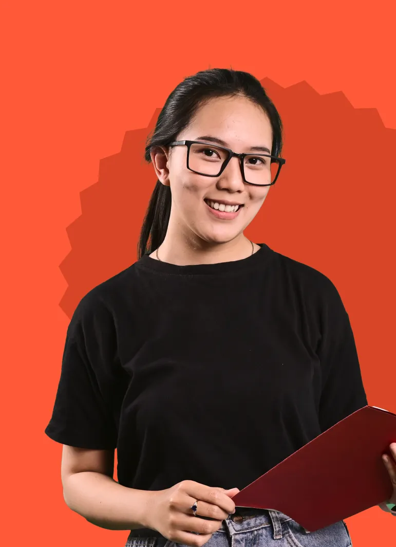 A woman wearing glasses and holding a folder.