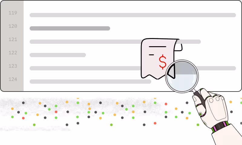 Illustration of a robotic hand holding a magnifying glass examining a document with a red dollar sign, representing code review or financial audit.