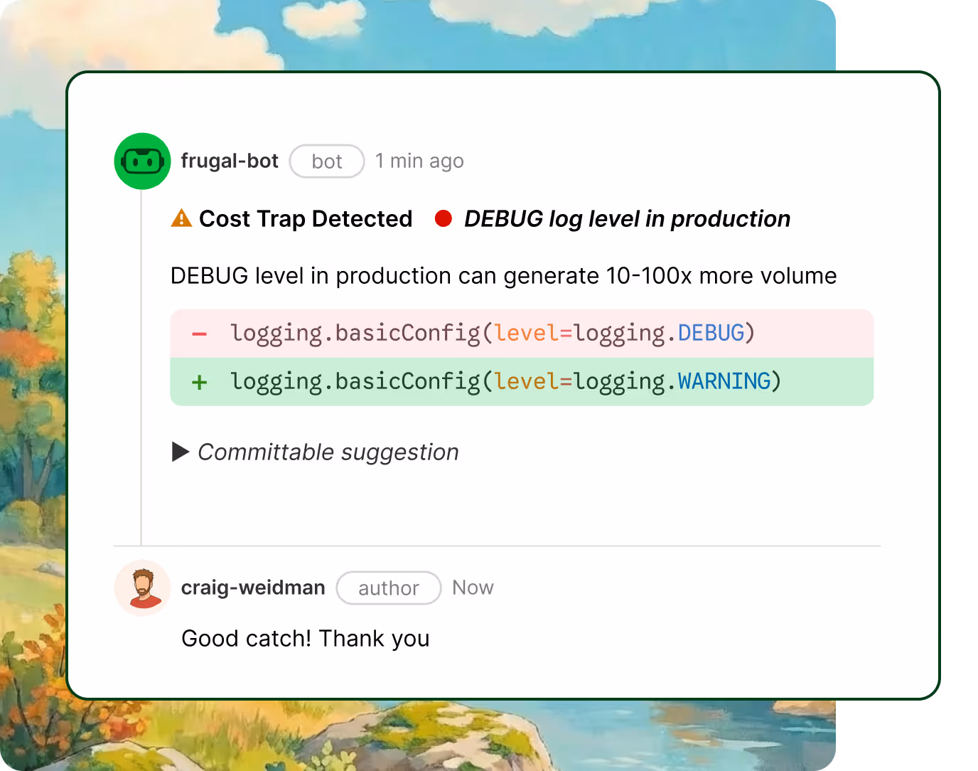 Chat message from frugal-bot warning of a cost trap with DEBUG log level in production, suggesting to change logging.basicConfig from level=logging.DEBUG to level=logging.WARNING with a comment from craig-weidman saying Good catch! Thank you.