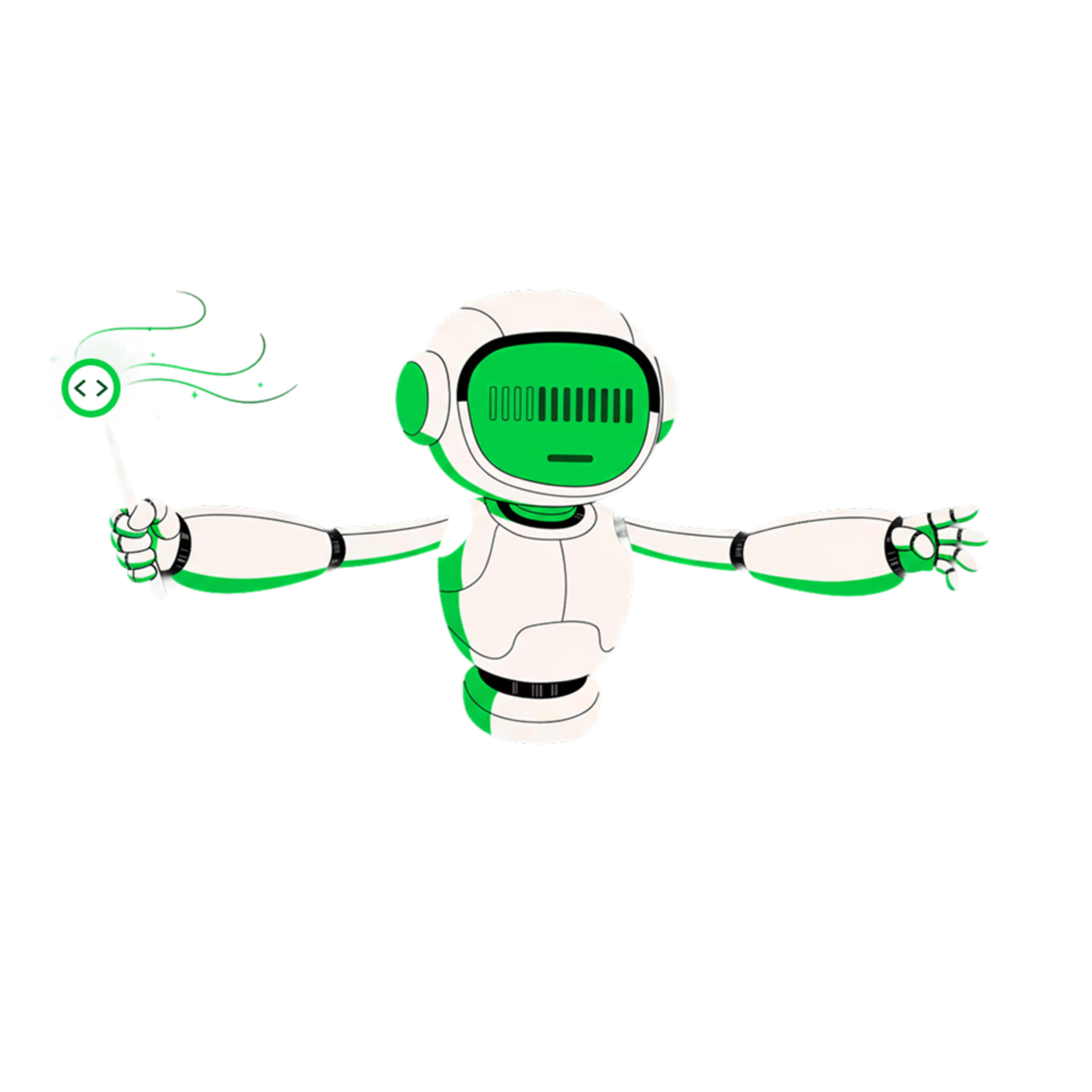 White and green robot with outstretched arms holding a green wand with code brackets.