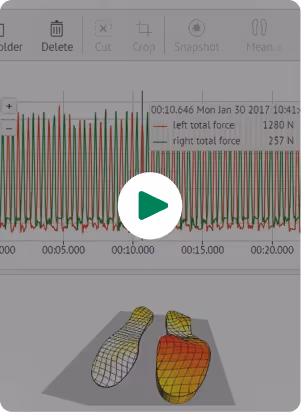 Video thumbnail showing a biomechanical analysis software interface displaying force measurement data with colorful waveform graphs and 3D foot models with pressure mapping visualization. The interface shows vertical force measurements over time with different colored lines representing left and right foot forces. A play button overlay indicates this is an instructional or demonstration video about gait analysis or foot biomechanics.