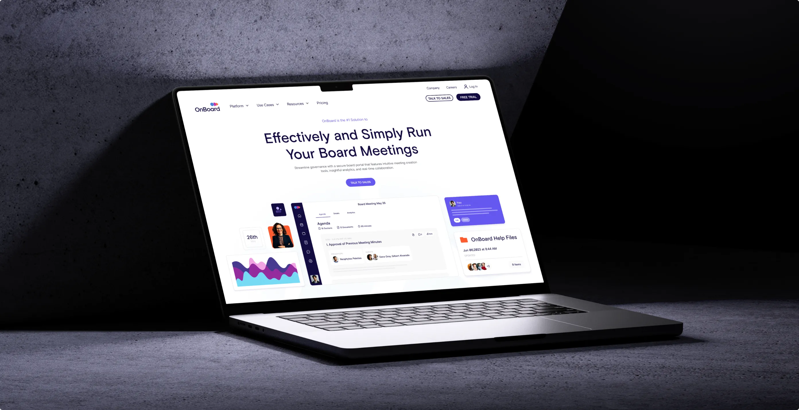 Laptop mockup of OnBoard Meetings website