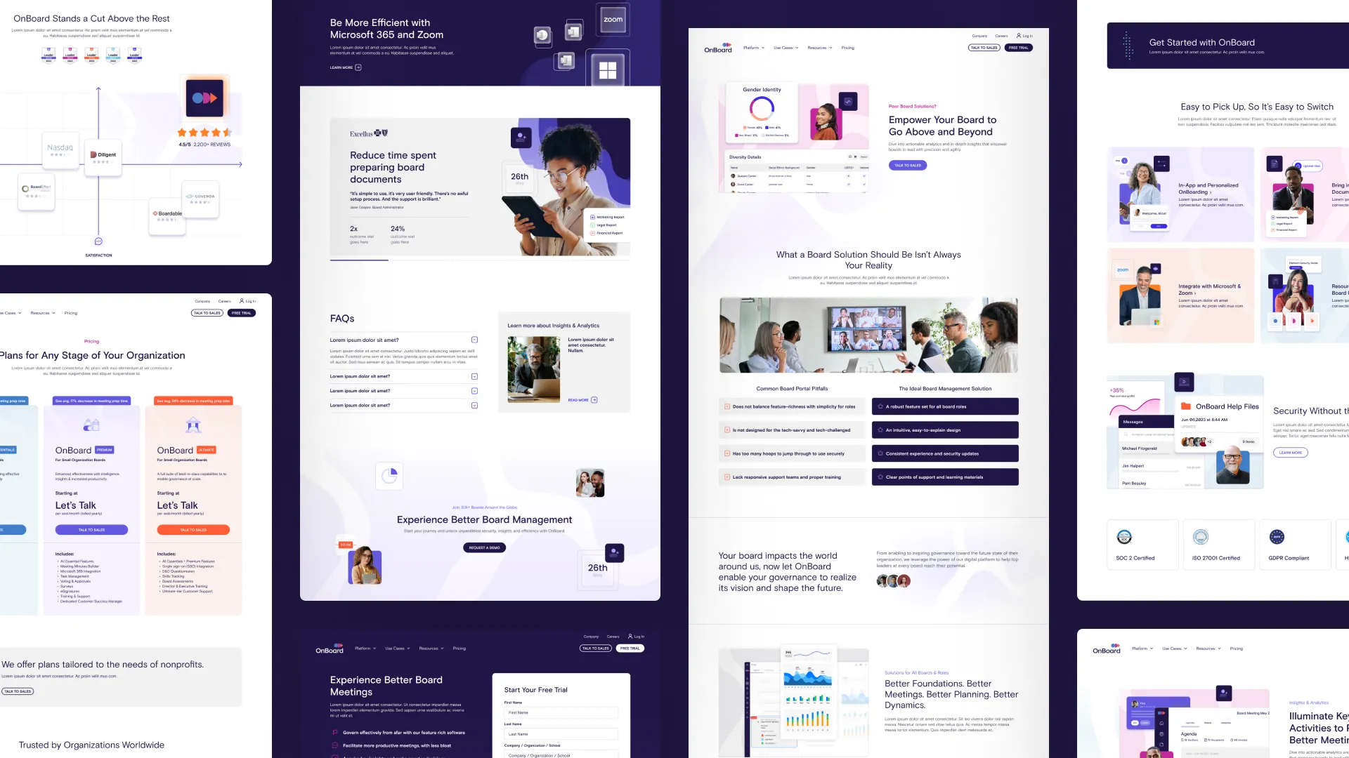 Visual designs of various pages for the OnBoard meetings website