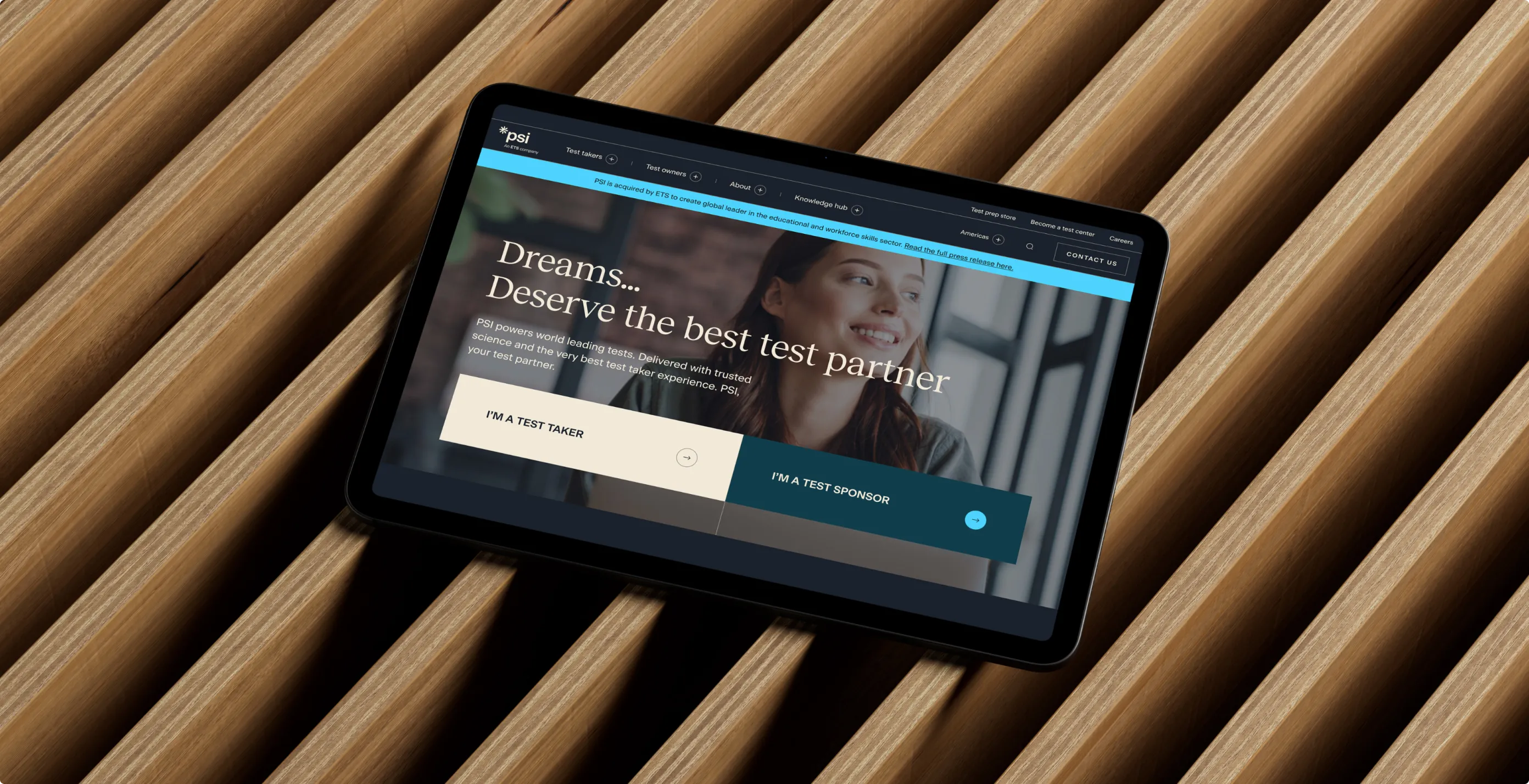 Tablet mockup of PSI Exams website