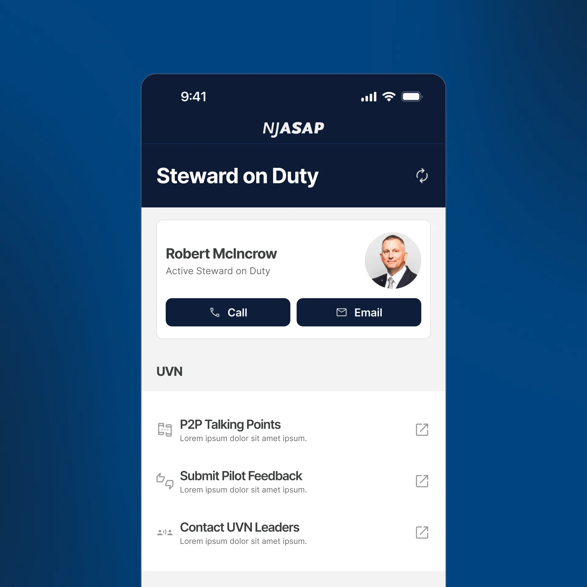 Steward on duty screen from NJASAP app