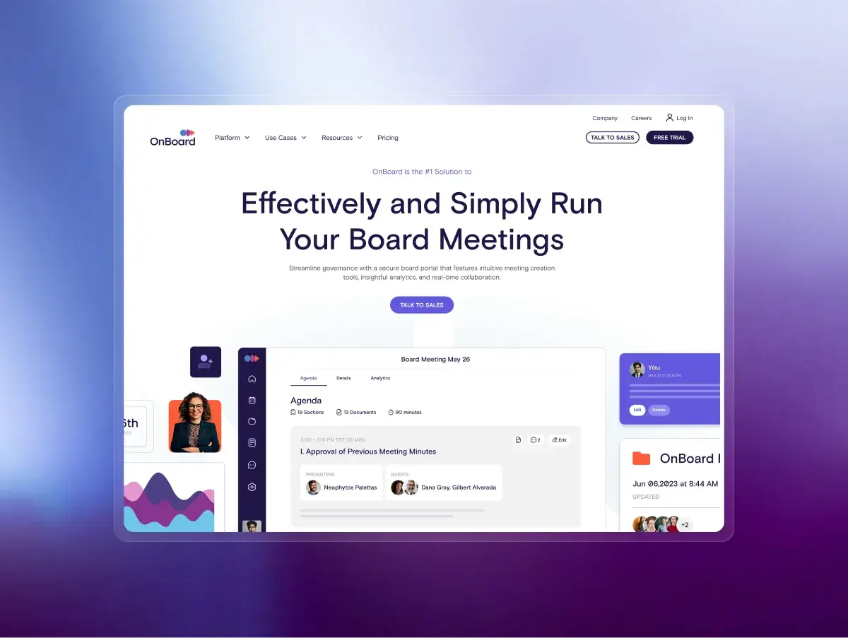 OnBoard platform webpage showing tools to effectively run board meetings with agenda, presenters, and collaboration features.