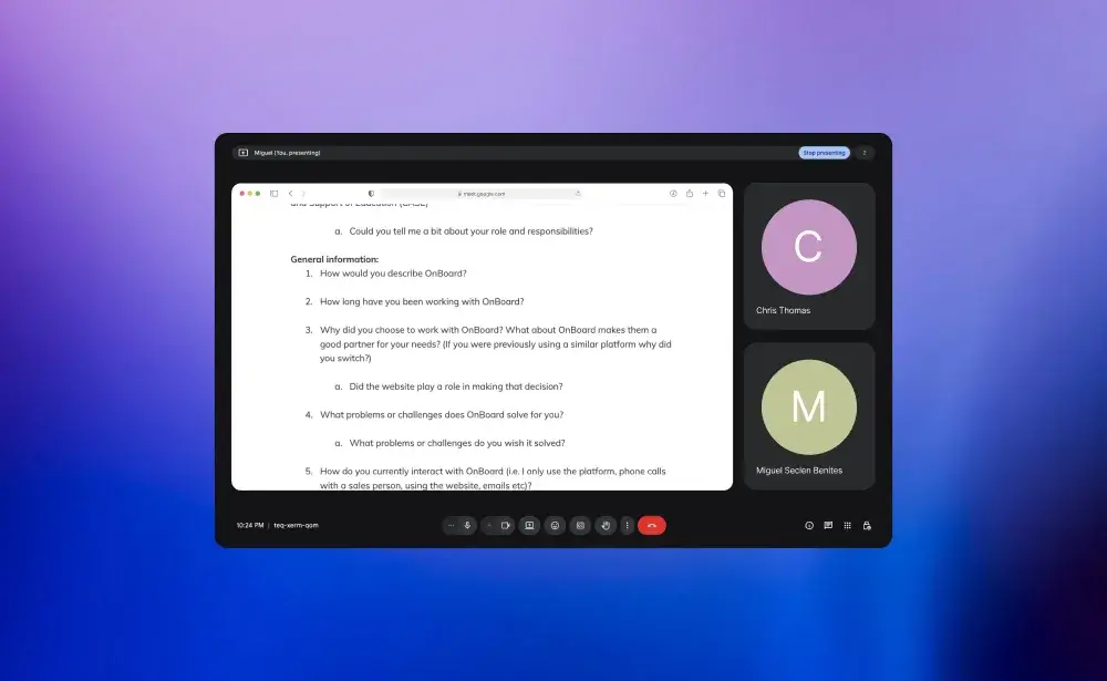 OnBoard stakeholder interview on Google Meet