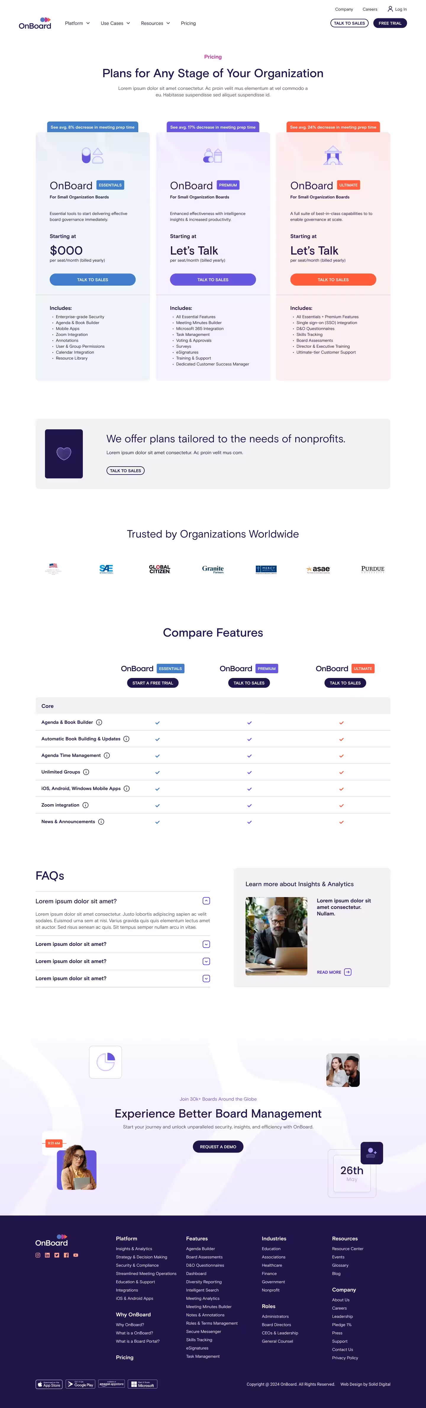 OnBoard pricing page
