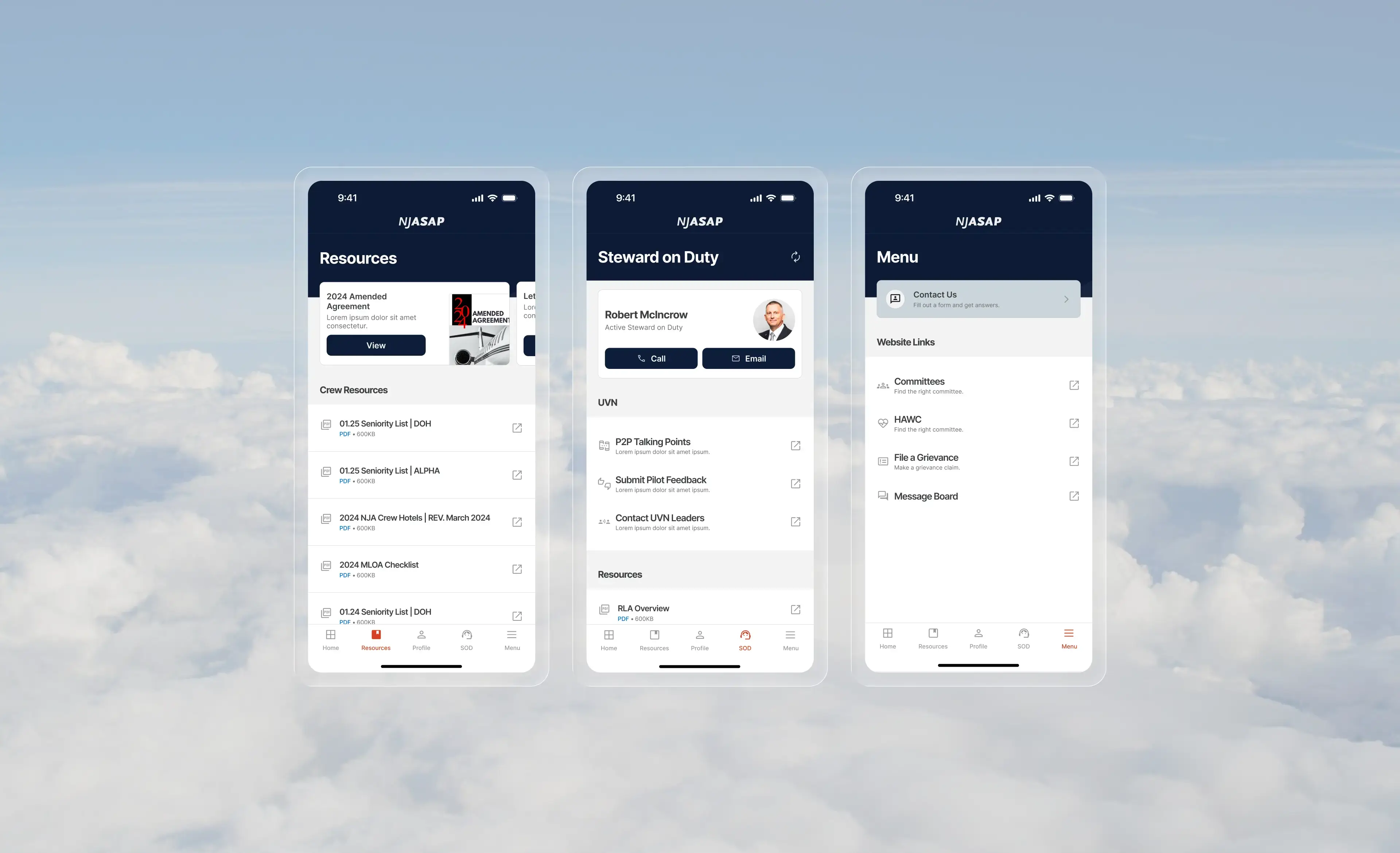 NJASAP resources, steward on duty, and menu screens