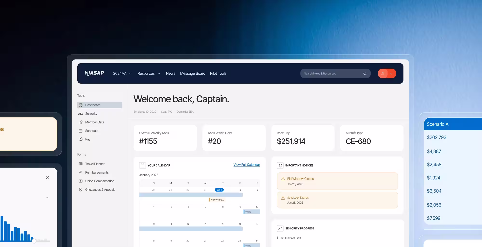 Pilot tools dashboard and module elements on a blue gradient background