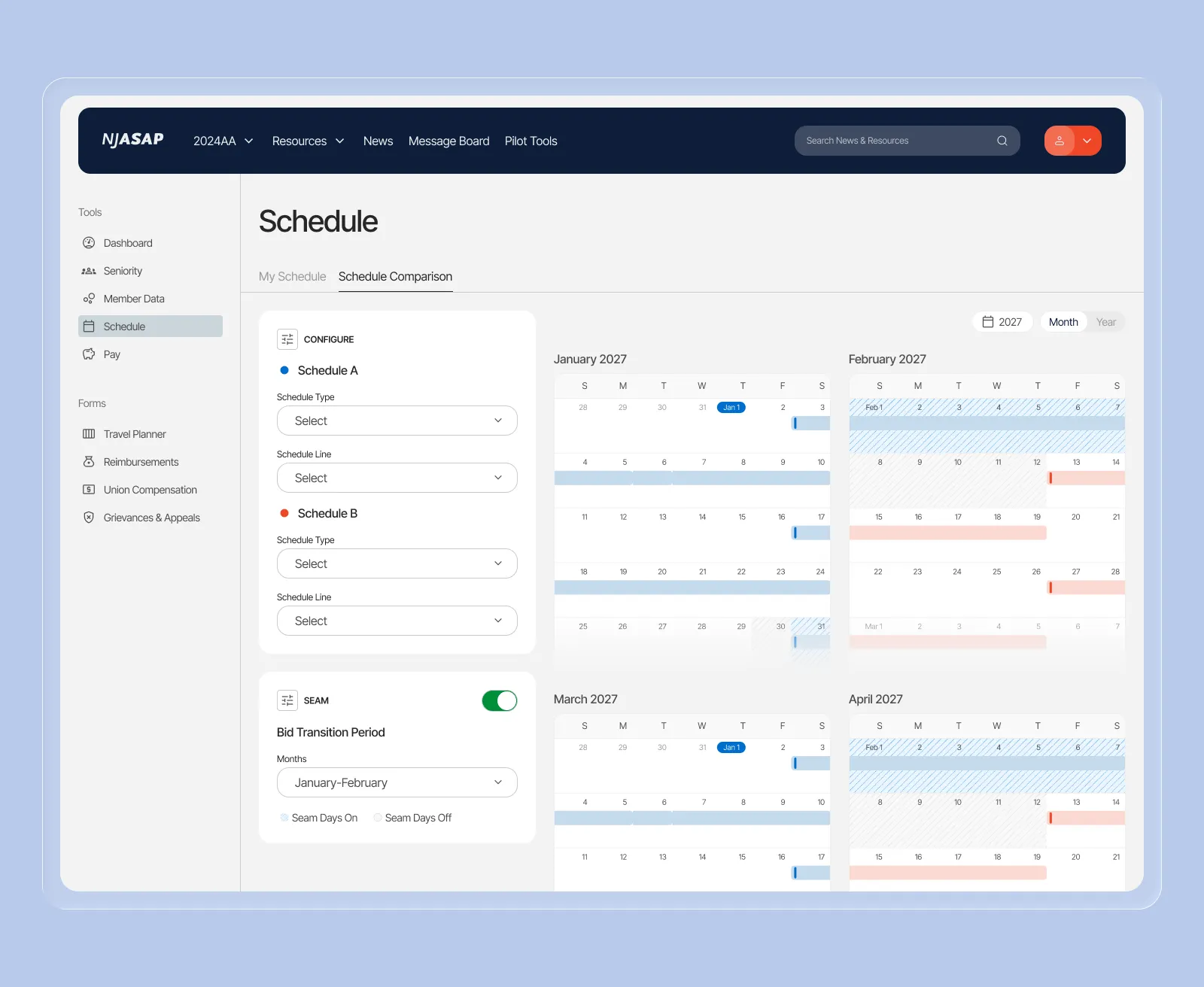 Schedule comparison screen