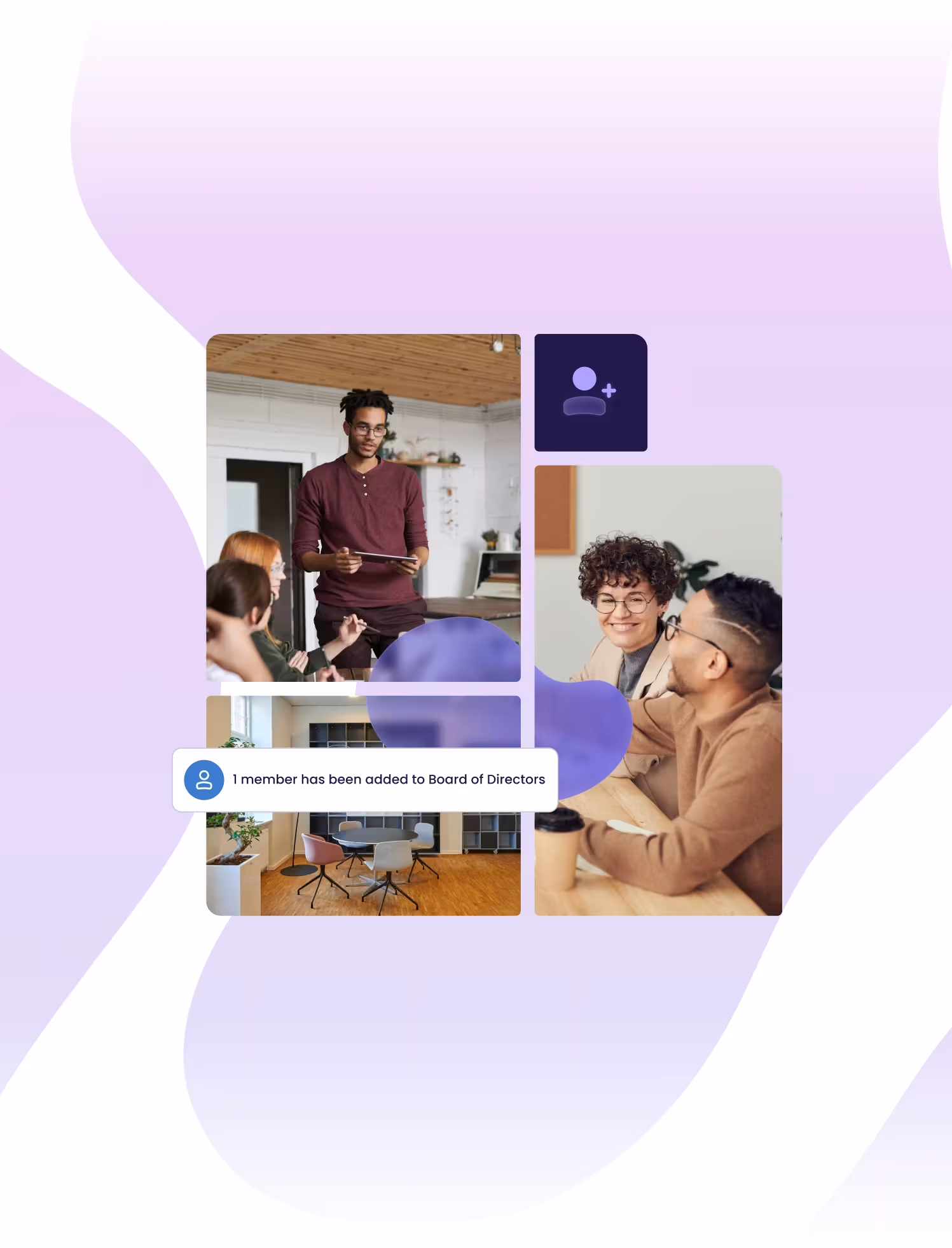 Composite visual of a team and empty boardroom combined with iconography and product notification.