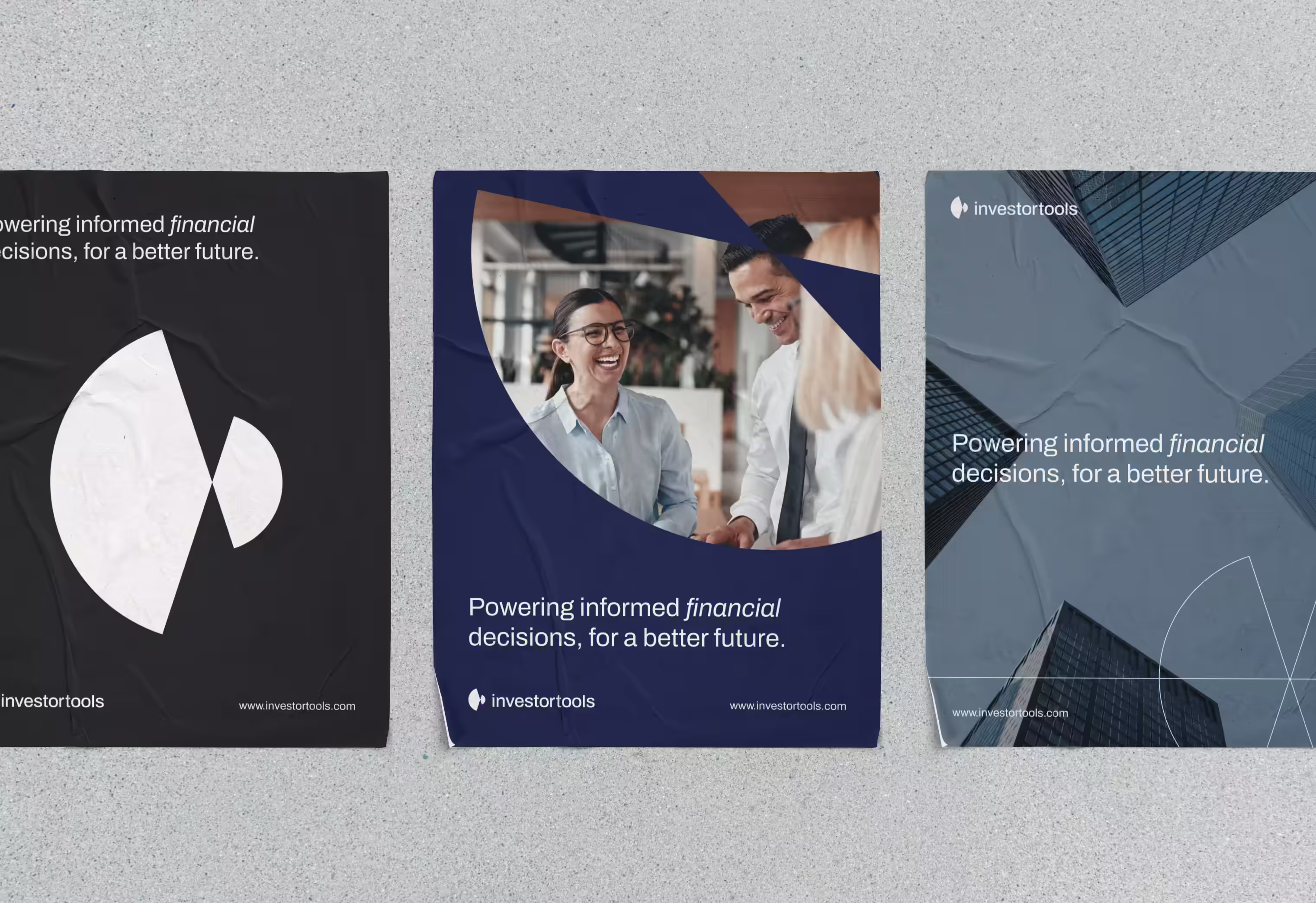 3 posters of proposed Investortools branding. Left uses the logomark, center shows a team masked out with the logomark, and third shows a skyscraper background with a traced version of the logomark.