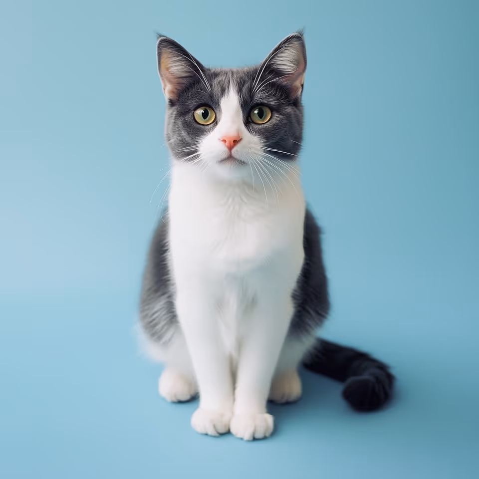 A gray and white cat sitting against a solid blue background, showcasing its fur pattern and relaxed posture.