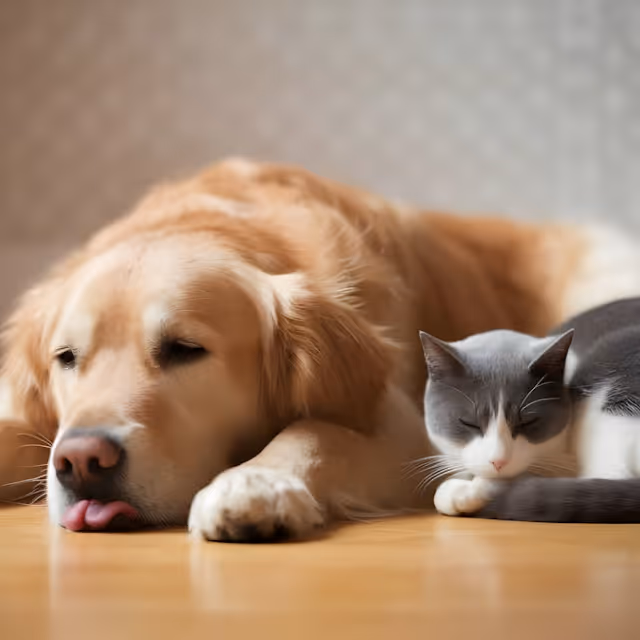 A cat and dog resting side by side on the floor, illustrating a calm and friendly bond between the two animals.