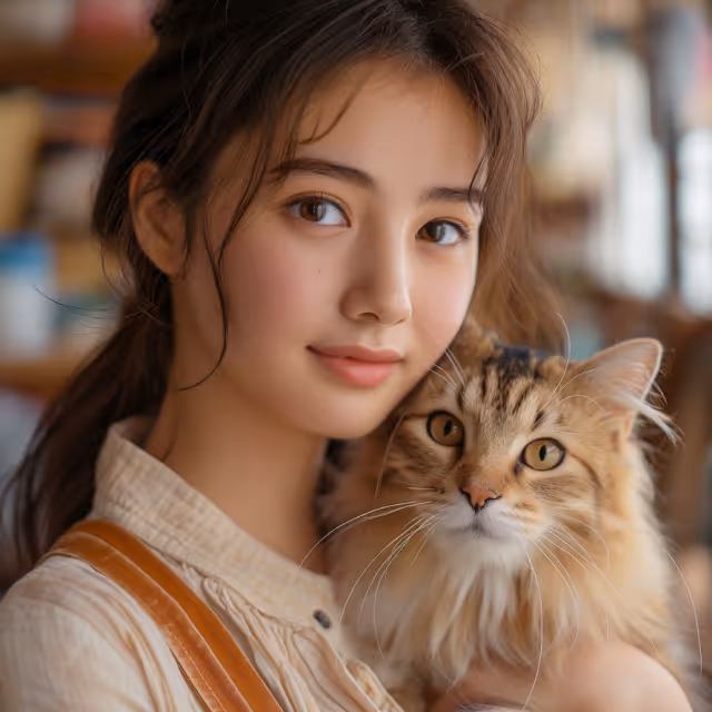 A woman with long hair holds a content cat close to her chest, both looking relaxed.