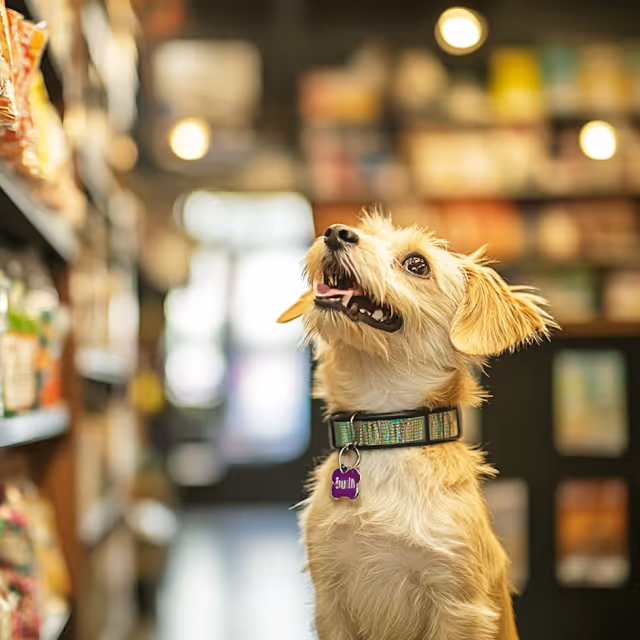 A collared dog in a petstore, gazing at the products in display