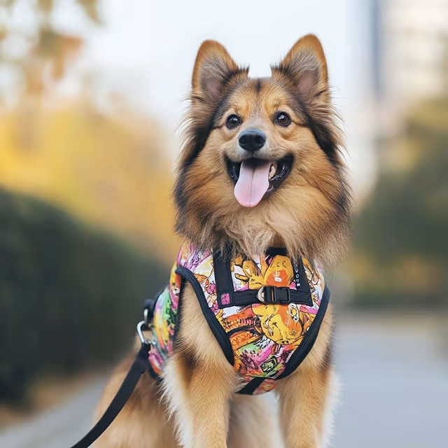 A dog in a vibrant harness stands on a sidewalk, looking curiously at its surroundings.