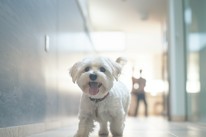 A small white dog is seen walking along a hallway, its tail wagging as it explores the space.