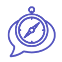 Icon of a compass inside a speech bubble outlined in blue.