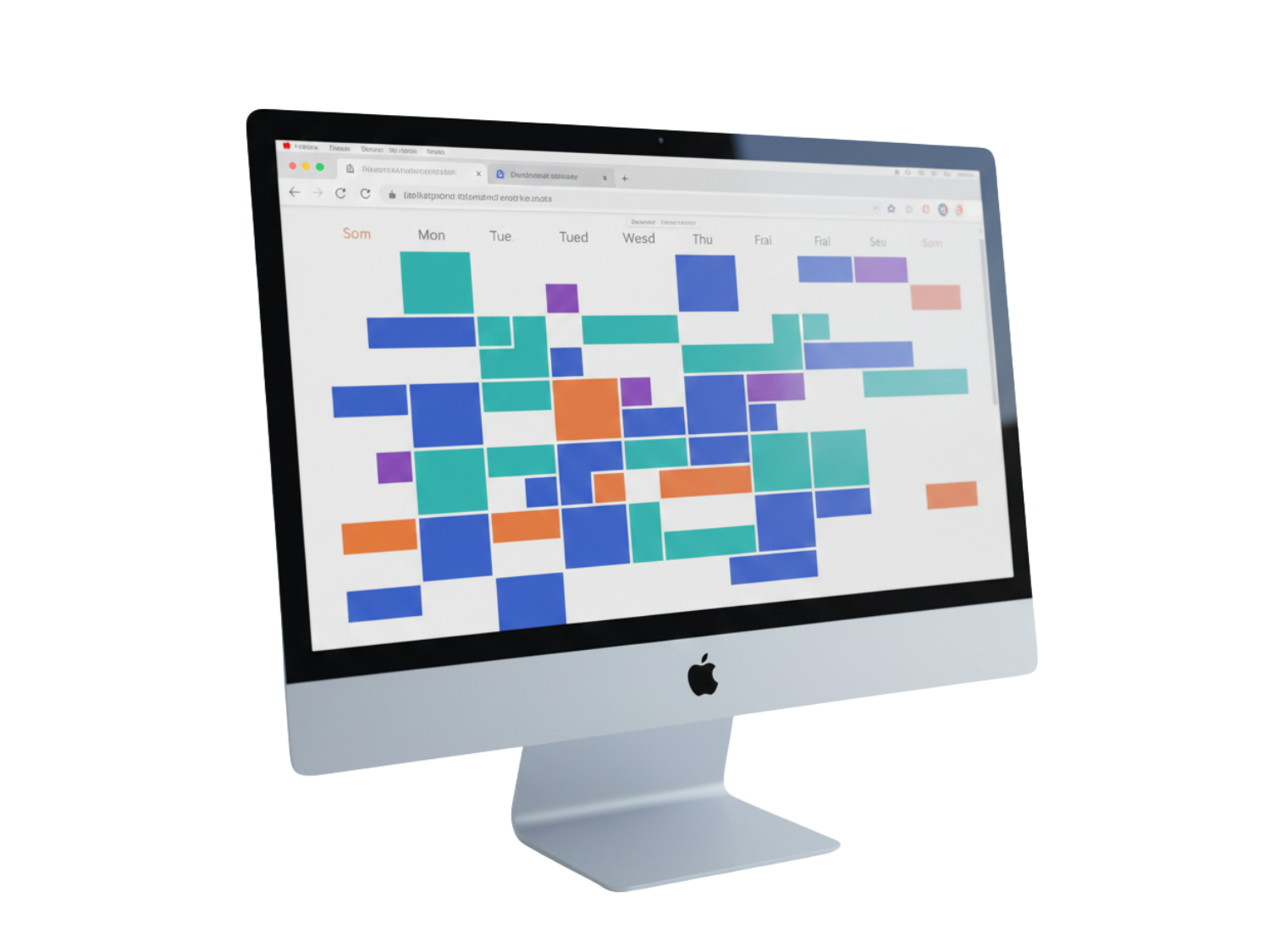 Apple iMac displaying a colorful weekly calendar with blocks in blue, green, orange, and purple.