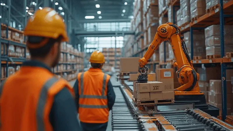 En produktionslinje med två personer i hjälm och med orangea västar samt robotarm som producerar