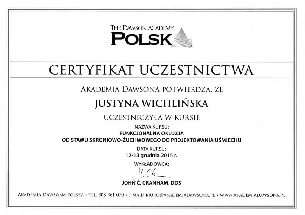 certyfikat-akademia-dawsona-funkcjonalna-okluzja-justyna-wichlinska