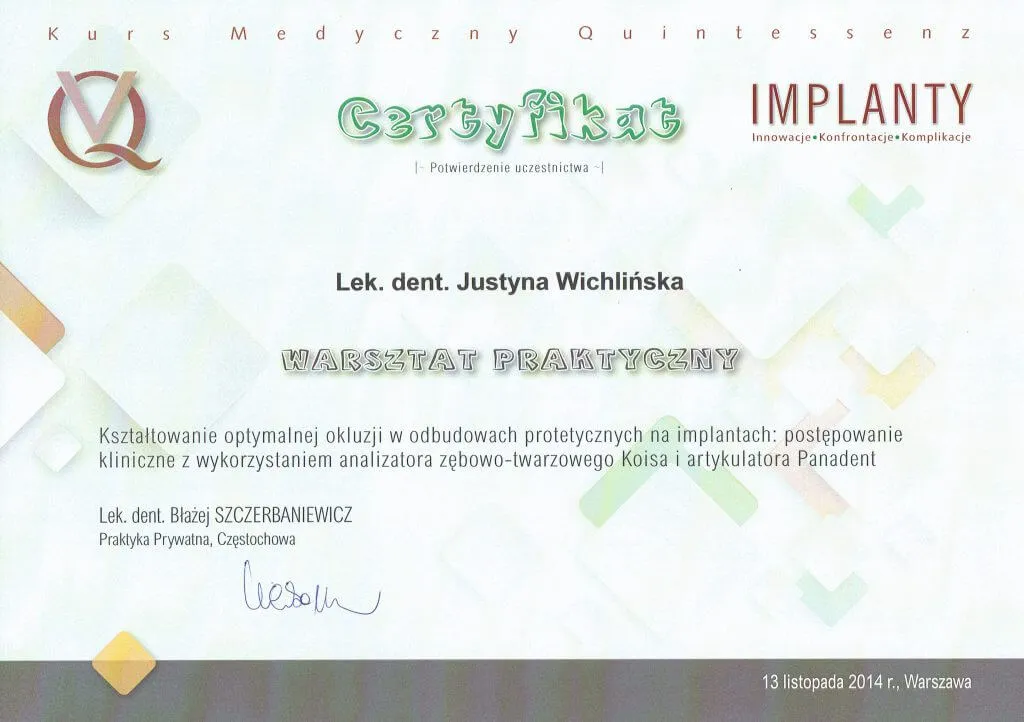 certyfikat-okluzja-w-protetyce-na-implantach-justyna-wichlinska-stomatologia-wichlinscy-krakow