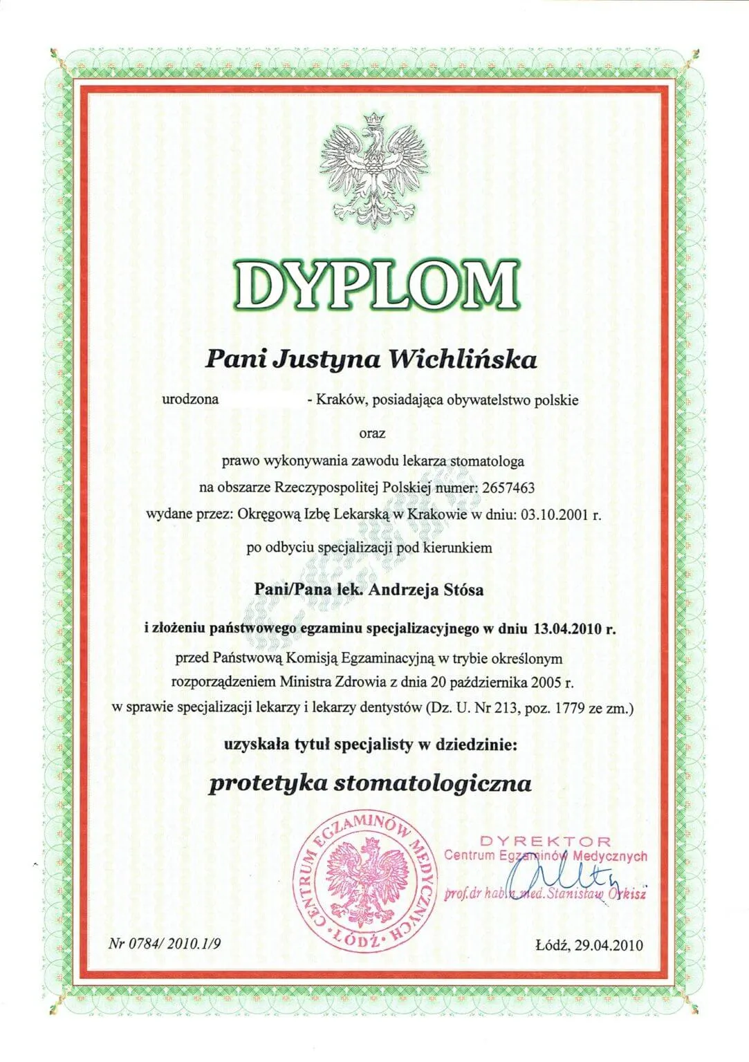 dyplom-specjalisty-protetyka-stomatologiczna-justyna-wichlinska