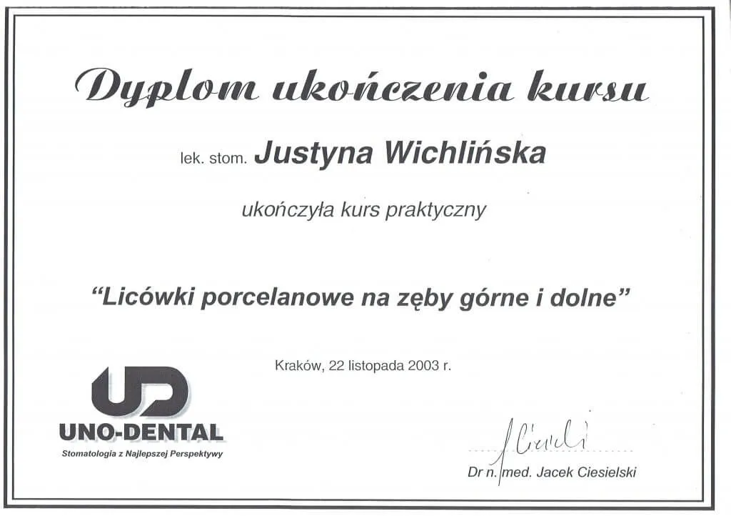 dyplom-justyna-wichlinska-porcelanowe-licowki-kurs-uno-dental-krakow-2003